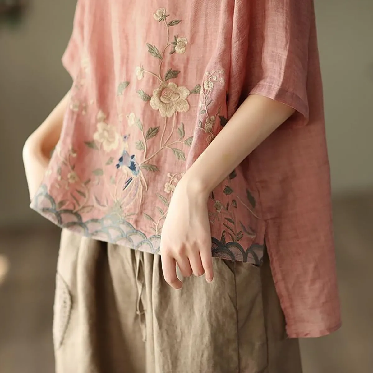 Chinese Retro Shirt, Heavy Industry Embroidered Linen Shirt, Color Blocking Round Neck Pullover T-Shirt