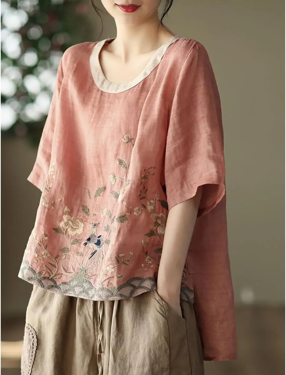 Chinese Retro Shirt, Heavy Industry Embroidered Linen Shirt, Color Blocking Round Neck Pullover T-Shirt