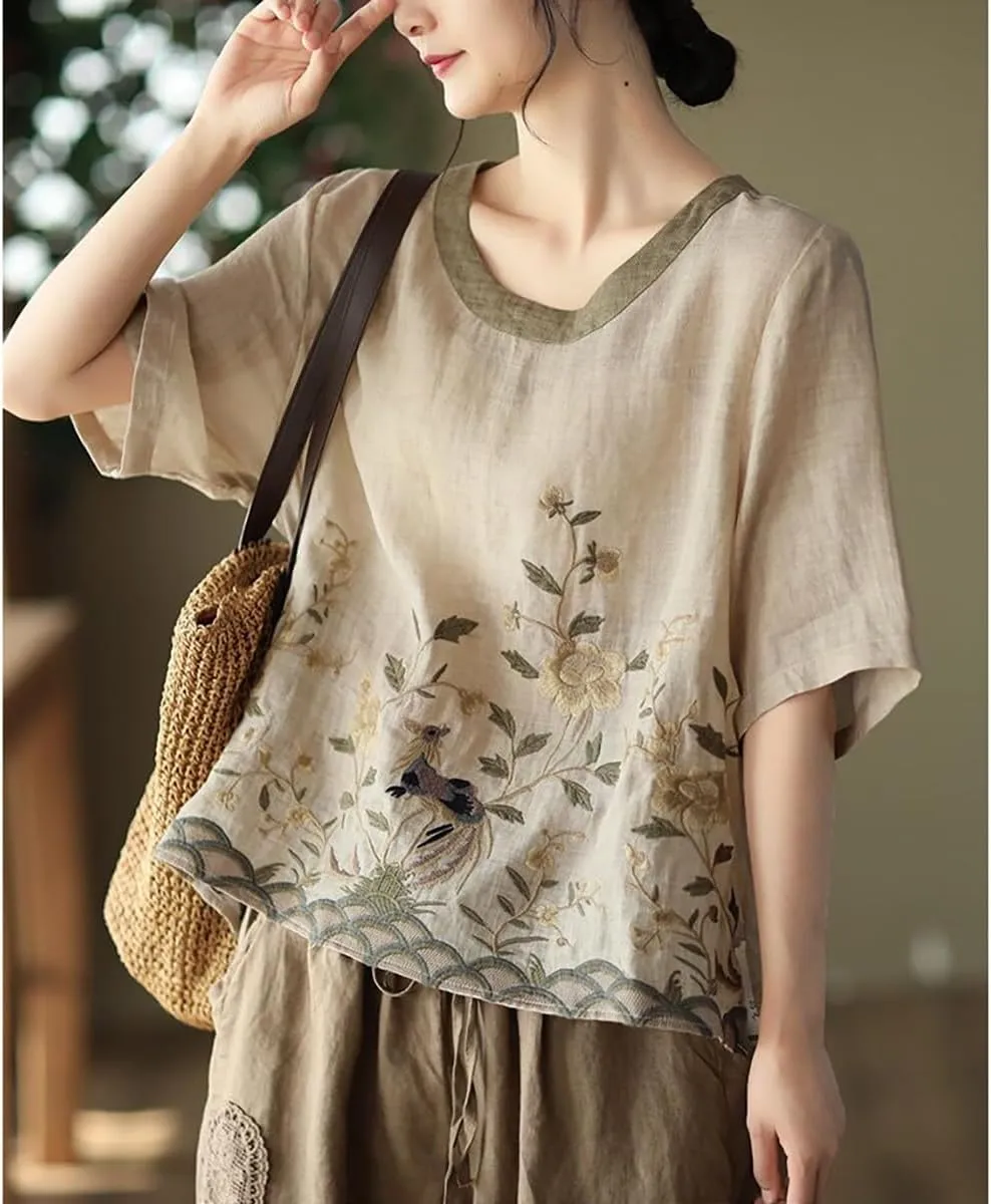 Chinese Retro Shirt, Heavy Industry Embroidered Linen Shirt, Color Blocking Round Neck Pullover T-Shirt