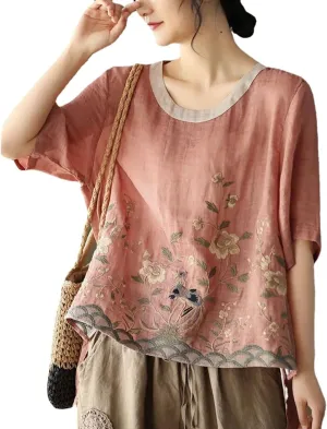 Chinese Retro Shirt, Heavy Industry Embroidered Linen Shirt, Color Blocking Round Neck Pullover T-Shirt