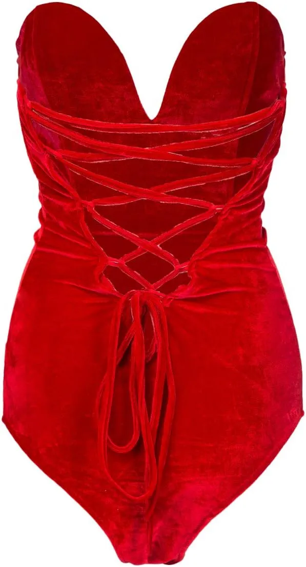 Choies Women's Burgundy/Black Sexy Plunge Neck Strapless Cross Back Velvet Bodysuit