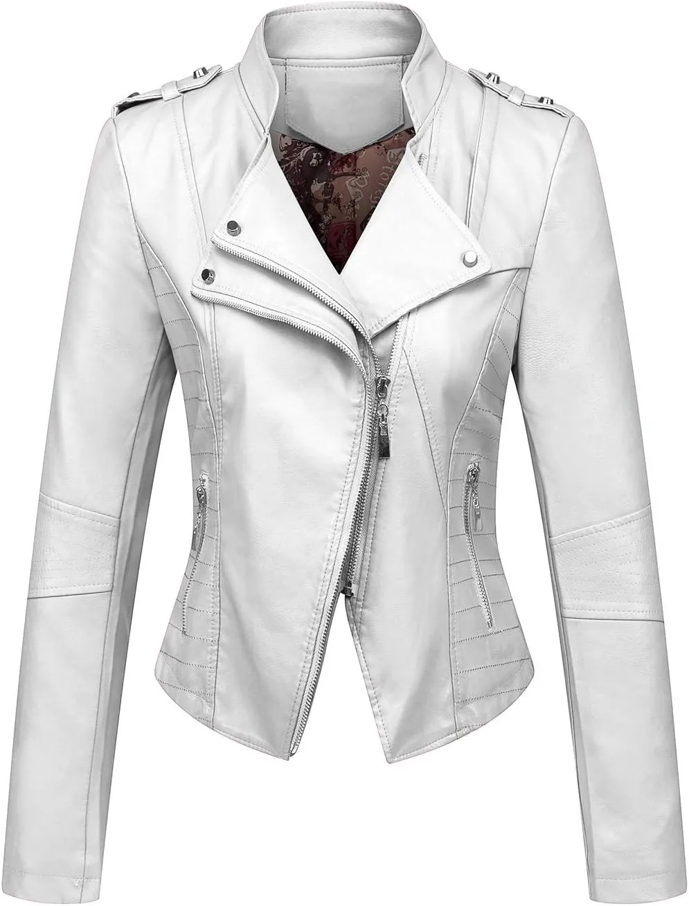 chouyatou Women's Candy Color Asymmetric Zip Slim Faux Leather Cropped Moto Jacket