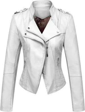 chouyatou Women's Candy Color Asymmetric Zip Slim Faux Leather Cropped Moto Jacket