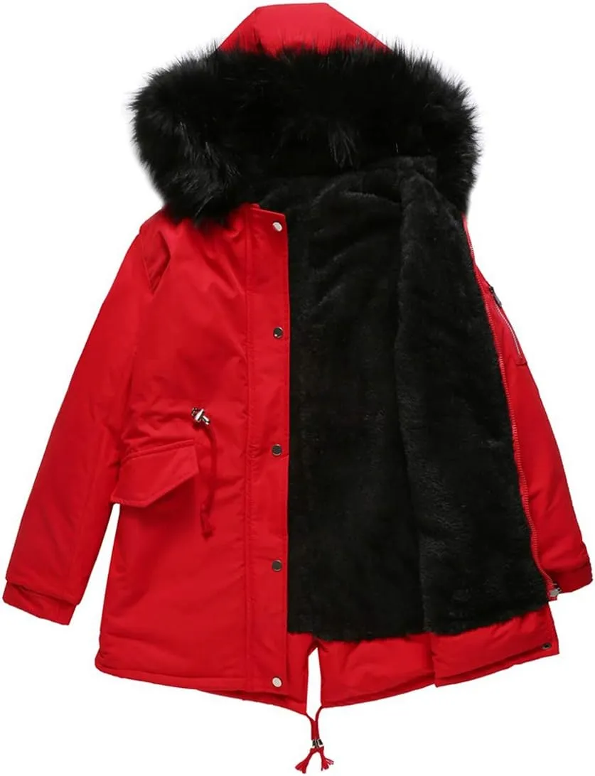 chouyatou Women's Winter Sherpa Lined Faux Fur Hooded Mid Long Safari Parka Coat