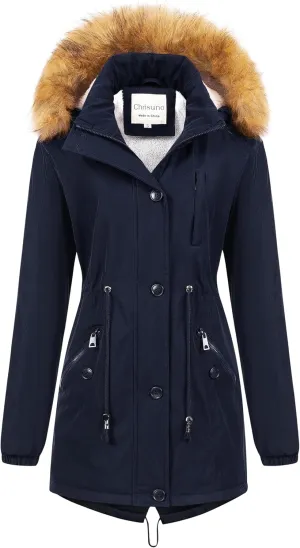 Chrisuno Women's Mid-Length Military Parka Winter Outerwear Insulated Jacket Soft Fleece Snow Faux Fur Coat