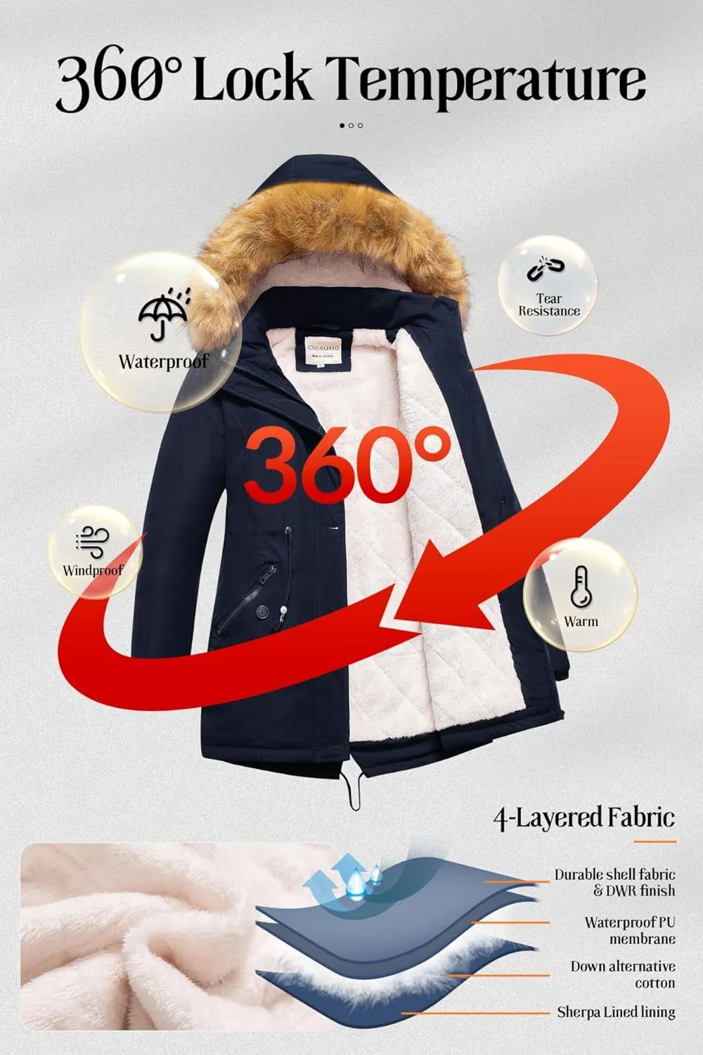 Chrisuno Women's Mid-Length Military Parka Winter Outerwear Insulated Jacket Soft Fleece Snow Faux Fur Coat