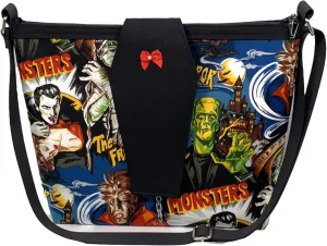 Classic Horror Universal Monsters Handbag w/Coffin Flap Cotton Fabric - Vintage Scary Movies Hollywood Dracula Frankenstein Werewolf Mummy