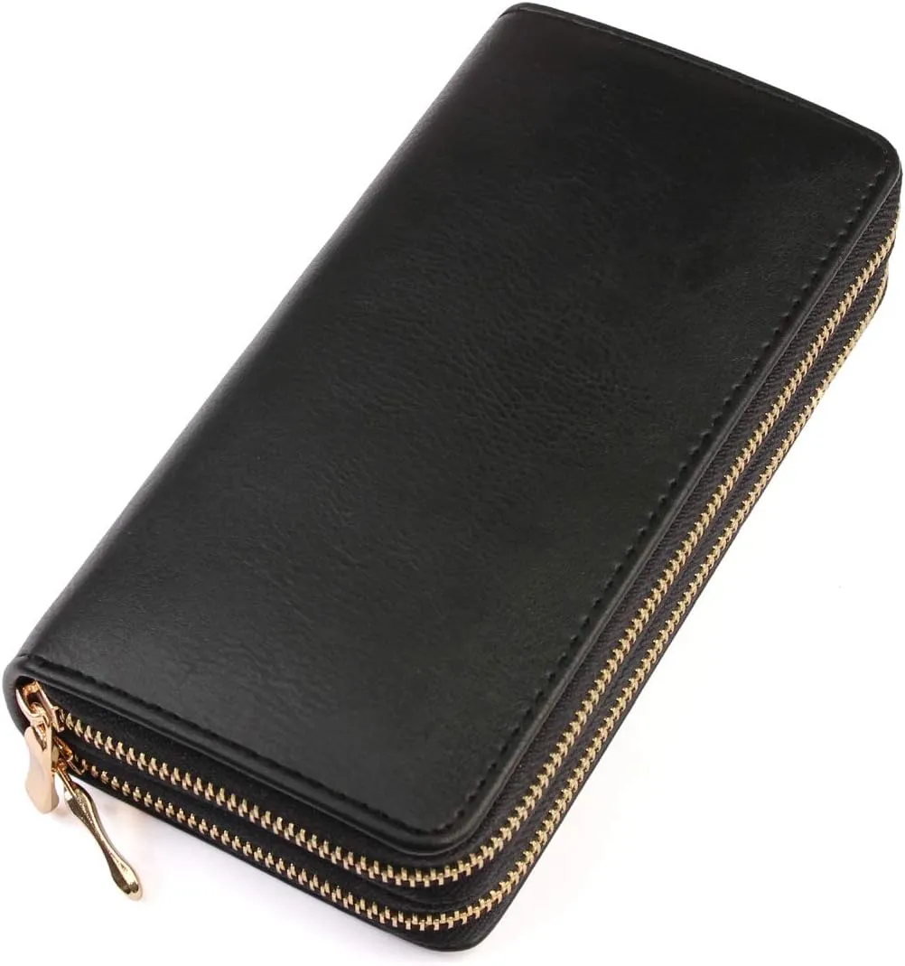 Classic Leatherette Zip Around Wallet - Vegan Leather Zipper Clutch Purse Coin Card Slots, Removable Wristlet (Double Zip Wristlet - Black-1)