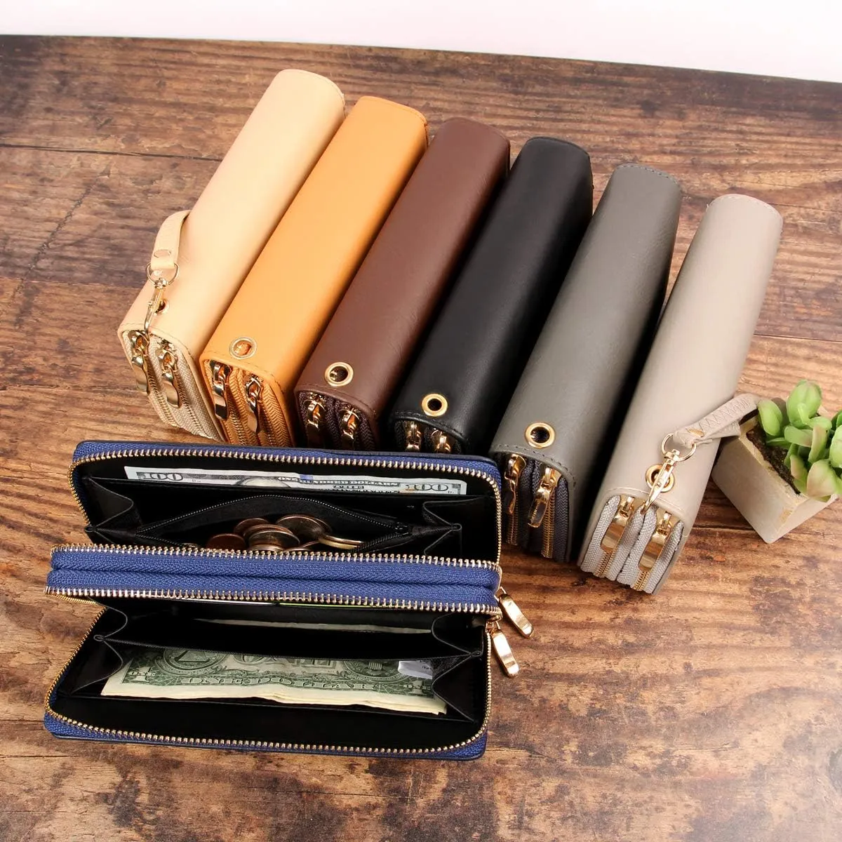Classic Leatherette Zip Around Wallet - Vegan Leather Zipper Clutch Purse Coin Card Slots, Removable Wristlet (Double Zip Wristlet - Black-1)