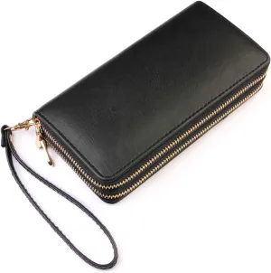 Classic Leatherette Zip Around Wallet - Vegan Leather Zipper Clutch Purse Coin Card Slots, Removable Wristlet (Double Zip Wristlet - Black-1)