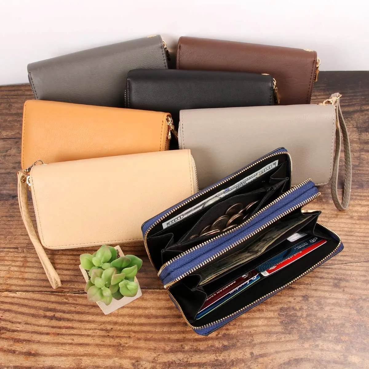 Classic Leatherette Zip Around Wallet - Vegan Leather Zipper Clutch Purse Coin Card Slots, Removable Wristlet (Double Zip Wristlet - Black-1)