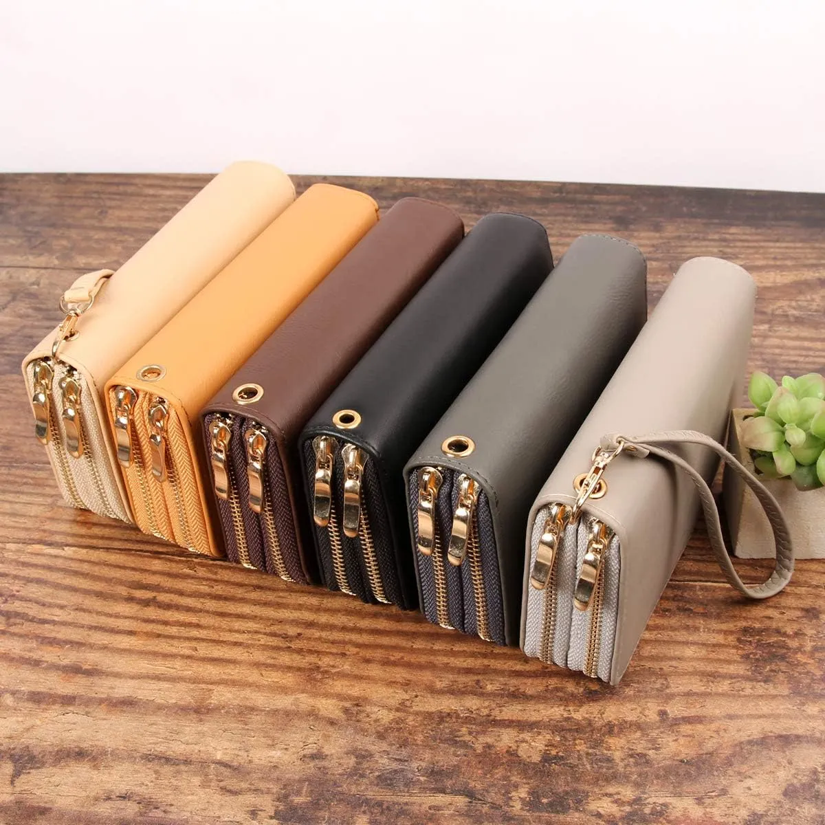 Classic Leatherette Zip Around Wallet - Vegan Leather Zipper Clutch Purse Coin Card Slots, Removable Wristlet (Double Zip Wristlet - Black-1)