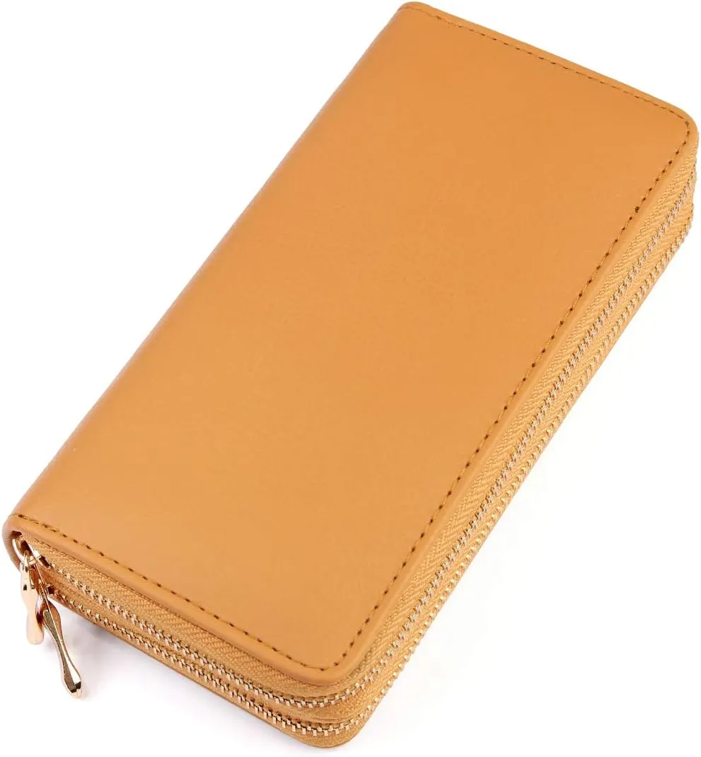 Classic Leatherette Zip Around Wallet - Vegan Leather Zipper Clutch Purse Coin Card Slots, Removable Wristlet (Double Zip Wristlet - Camel)
