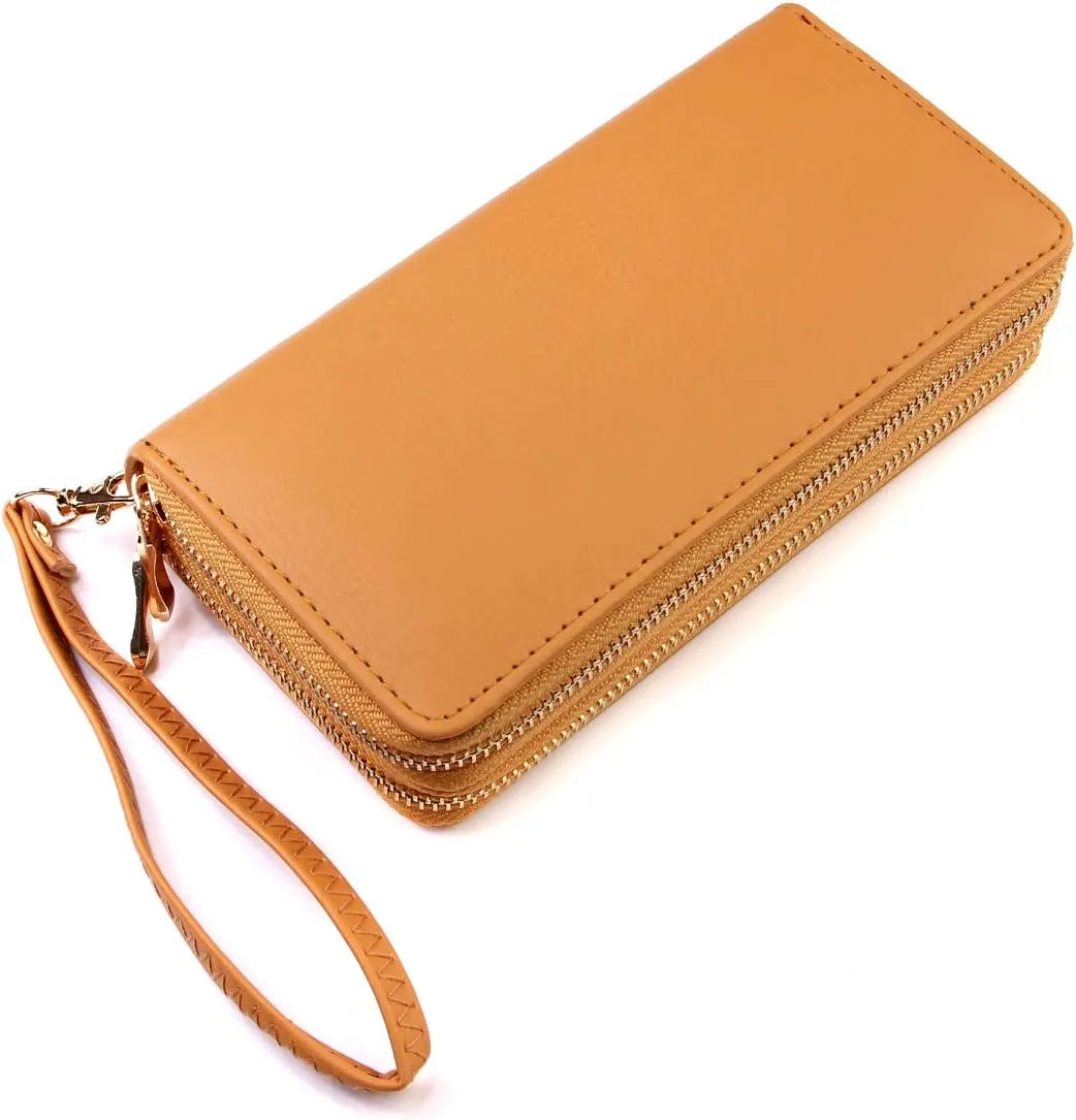 Classic Leatherette Zip Around Wallet - Vegan Leather Zipper Clutch Purse Coin Card Slots, Removable Wristlet (Double Zip Wristlet - Camel)