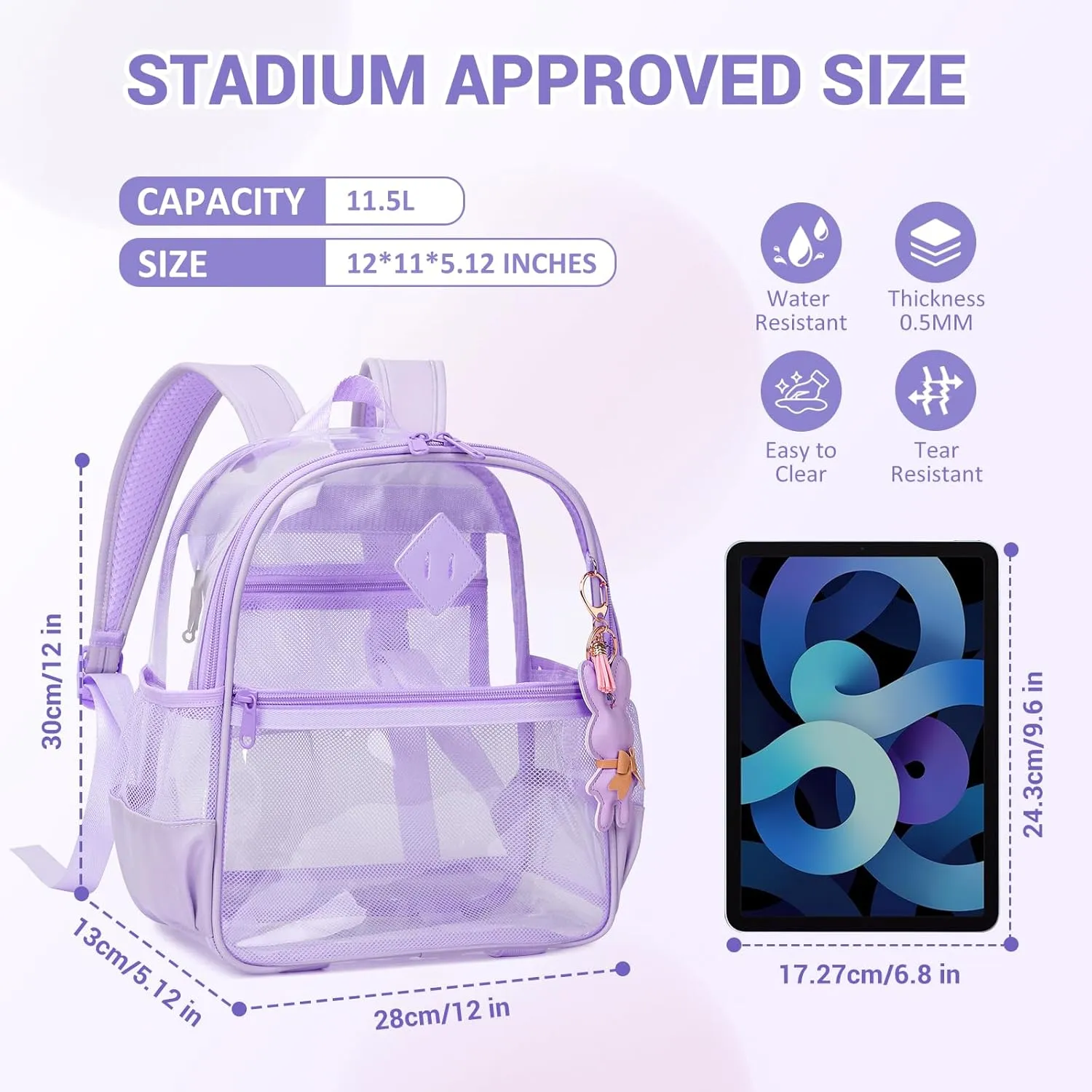 Clear Backpack for Stadium Events Approved 12×6×12, Thick TPU Mini Clear Bag with Front Pocket for Concert Sport Events Work Travel, Purple