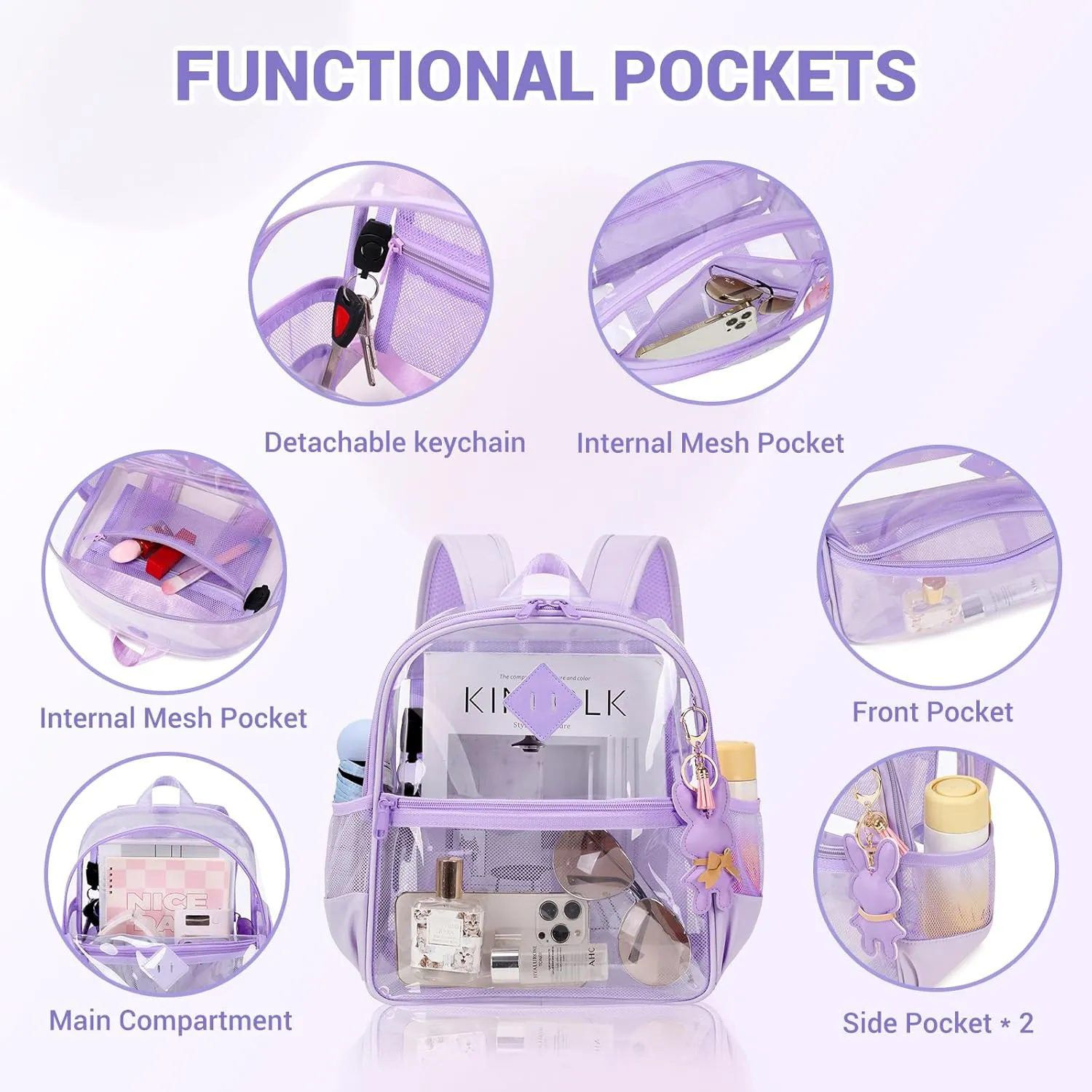 Clear Backpack for Stadium Events Approved 12×6×12, Thick TPU Mini Clear Bag with Front Pocket for Concert Sport Events Work Travel, Purple