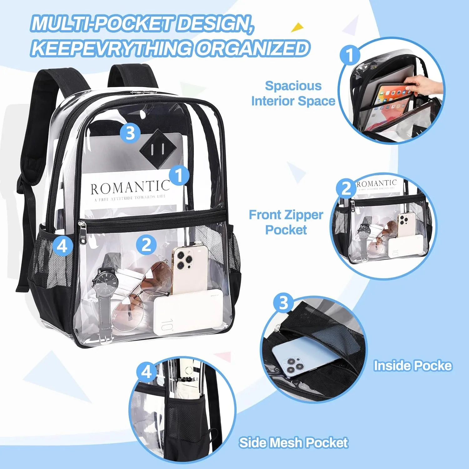 Clear Backpack Stadium Approved, Heavy Duty See Through Book Bag, Black Transparent