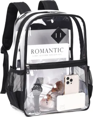 Clear Backpack Stadium Approved, Heavy Duty See Through Book Bag, Black Transparent