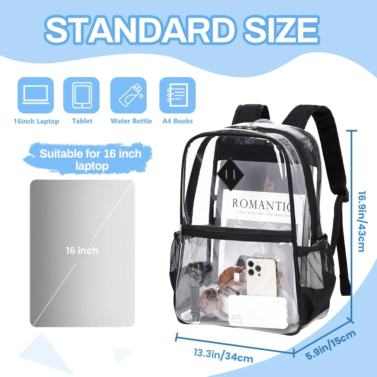 Clear Backpack Stadium Approved, Heavy Duty See Through Book Bag, Black Transparent