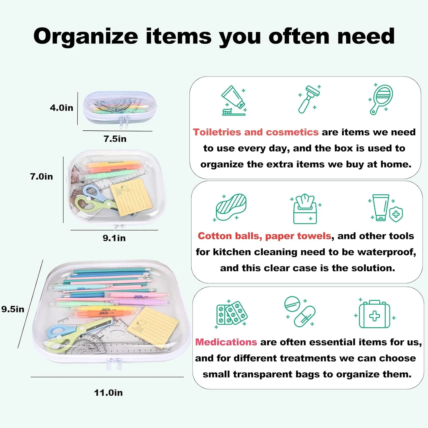Clear Hard Shell Zipper Case,3PCS Transparent Clear Zipper Pouches,Hard Side Plastic Case Set,Portable Travel Storage Organizer Bins
