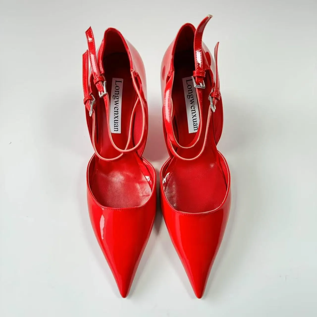 Closed Pointed Toe Wedge High Heels Pumps for Women Double Ankle Buckle Strap Patent Leather Sandals Fashion Wedding Bride Shoes