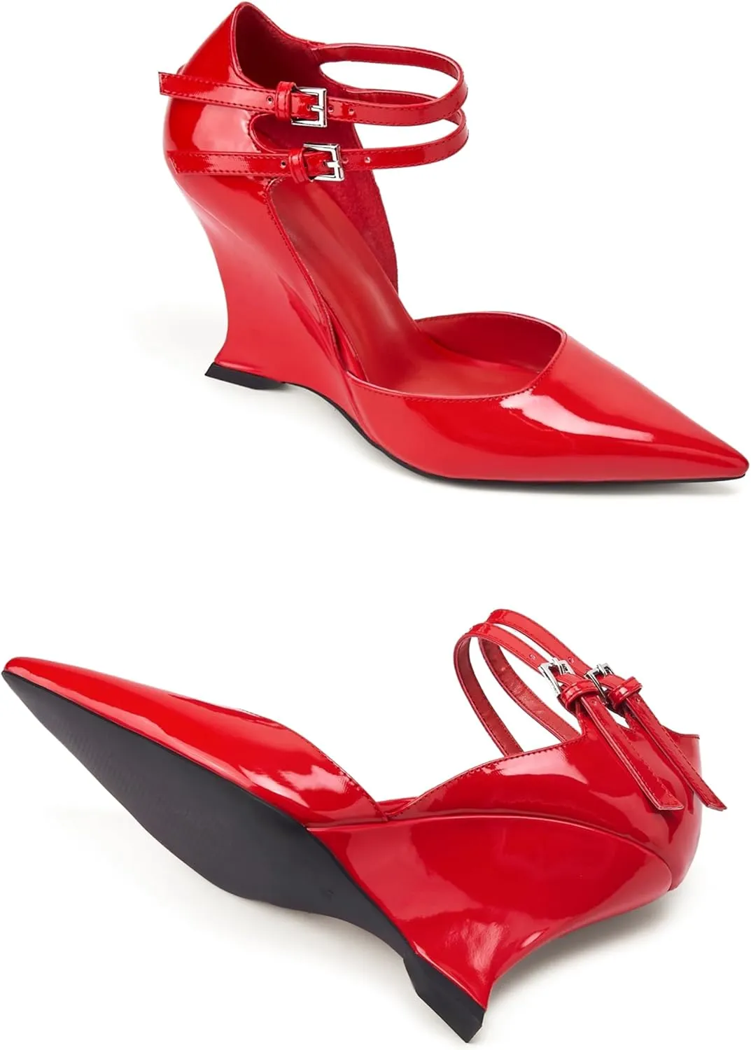 Closed Pointed Toe Wedge High Heels Pumps for Women Double Ankle Buckle Strap Patent Leather Sandals Fashion Wedding Bride Shoes