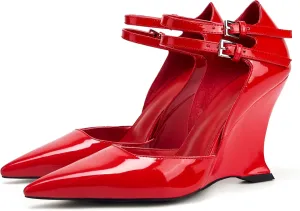 Closed Pointed Toe Wedge High Heels Pumps for Women Double Ankle Buckle Strap Patent Leather Sandals Fashion Wedding Bride Shoes