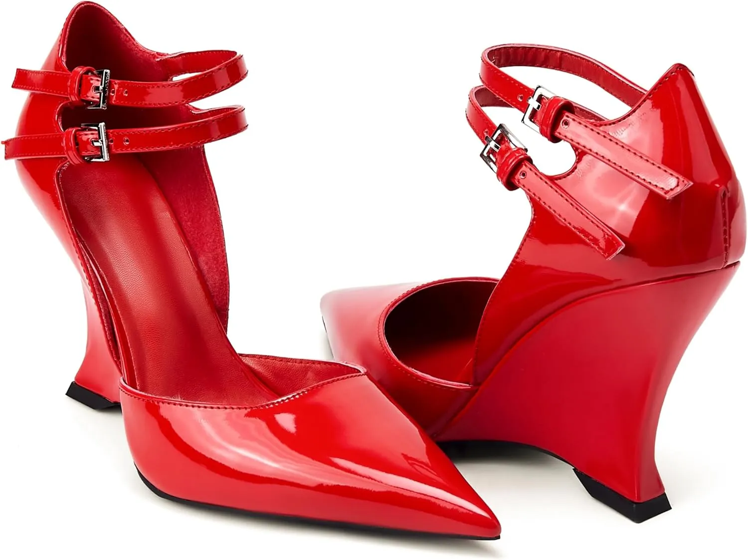 Closed Pointed Toe Wedge High Heels Pumps for Women Double Ankle Buckle Strap Patent Leather Sandals Fashion Wedding Bride Shoes