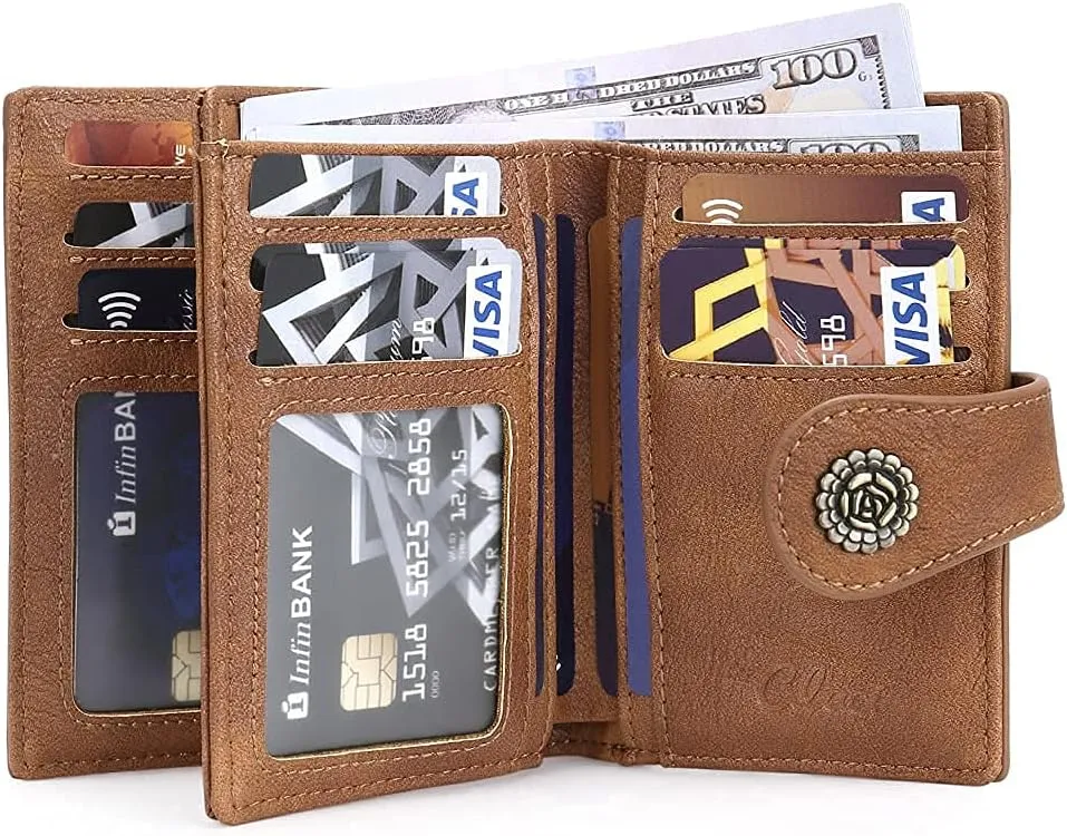 CLUCI Small Wallets for Women RFID Blocking Leather Trifold Compact Credit Card Holder with ID Window Ladies Zipper Coin Purse Two-toned Brown