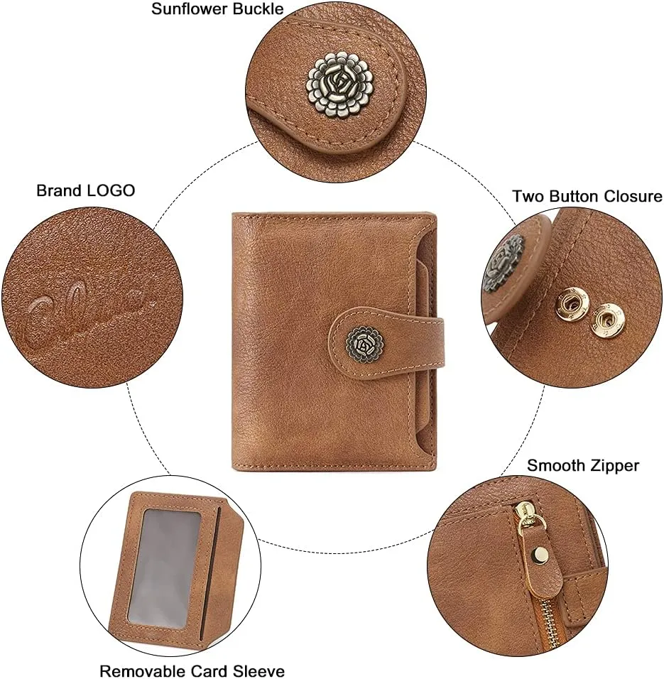 CLUCI Small Wallets for Women RFID Blocking Leather Trifold Compact Credit Card Holder with ID Window Ladies Zipper Coin Purse Two-toned Brown