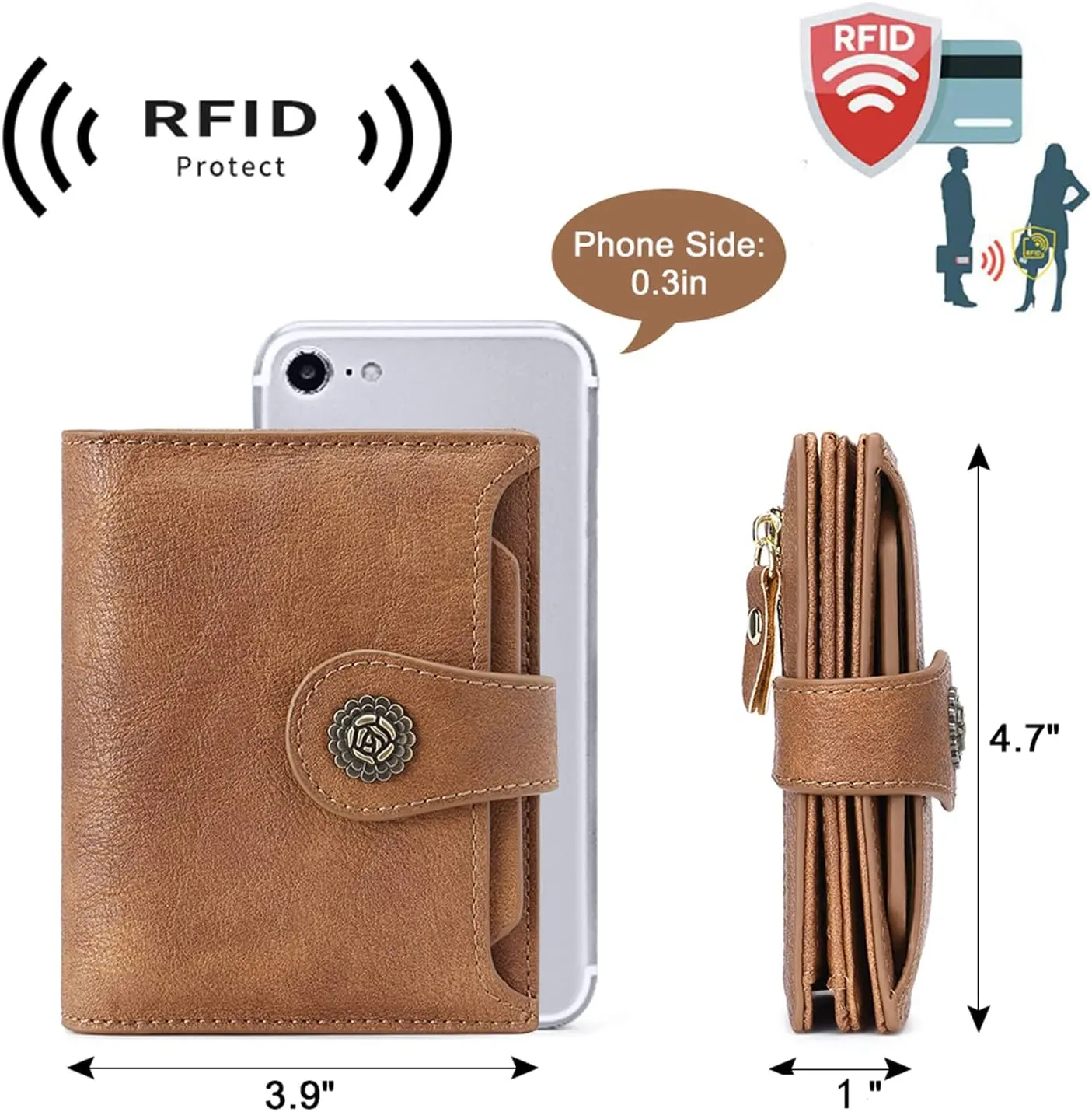 CLUCI Small Wallets for Women RFID Blocking Leather Trifold Compact Credit Card Holder with ID Window Ladies Zipper Coin Purse Two-toned Brown