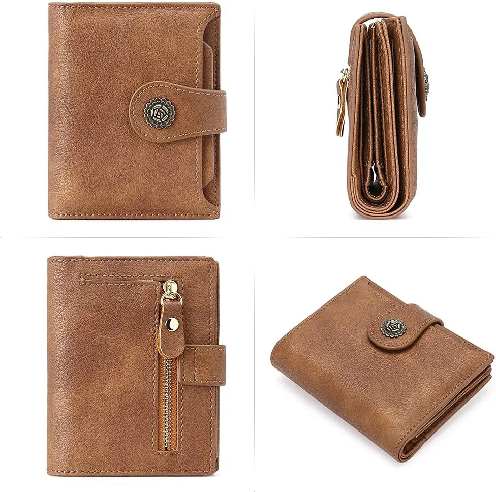 CLUCI Small Wallets for Women RFID Blocking Leather Trifold Compact Credit Card Holder with ID Window Ladies Zipper Coin Purse Two-toned Brown