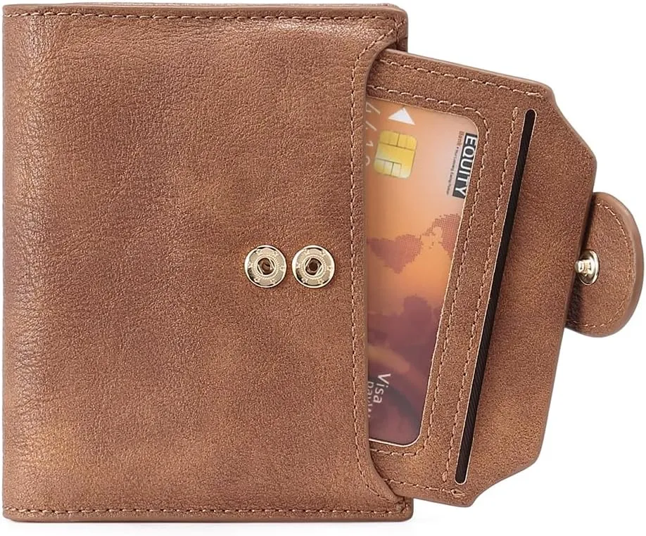 CLUCI Small Wallets for Women RFID Blocking Leather Trifold Compact Credit Card Holder with ID Window Ladies Zipper Coin Purse Two-toned Brown