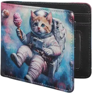Coldinair Astronaut Cat Boys Wallets for Kids 9-12 Outer Space Cool Wallet for Teen Boys Leather Bifold Wallet Credit Card Cash Id Holder Purse Coin Pocket Id Window for Men Boy Male Youth Guys