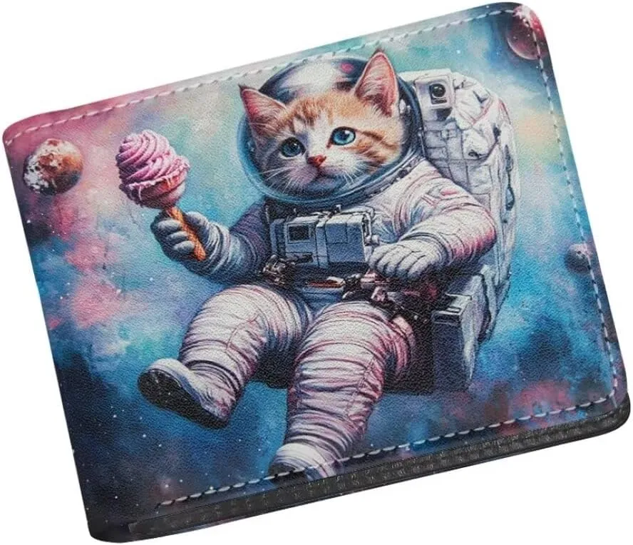 Coldinair Astronaut Cat Boys Wallets for Kids 9-12 Outer Space Cool Wallet for Teen Boys Leather Bifold Wallet Credit Card Cash Id Holder Purse Coin Pocket Id Window for Men Boy Male Youth Guys