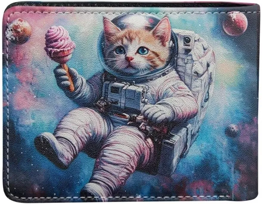 Coldinair Astronaut Cat Boys Wallets for Kids 9-12 Outer Space Cool Wallet for Teen Boys Leather Bifold Wallet Credit Card Cash Id Holder Purse Coin Pocket Id Window for Men Boy Male Youth Guys