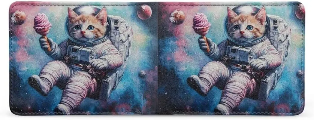 Coldinair Astronaut Cat Boys Wallets for Kids 9-12 Outer Space Cool Wallet for Teen Boys Leather Bifold Wallet Credit Card Cash Id Holder Purse Coin Pocket Id Window for Men Boy Male Youth Guys