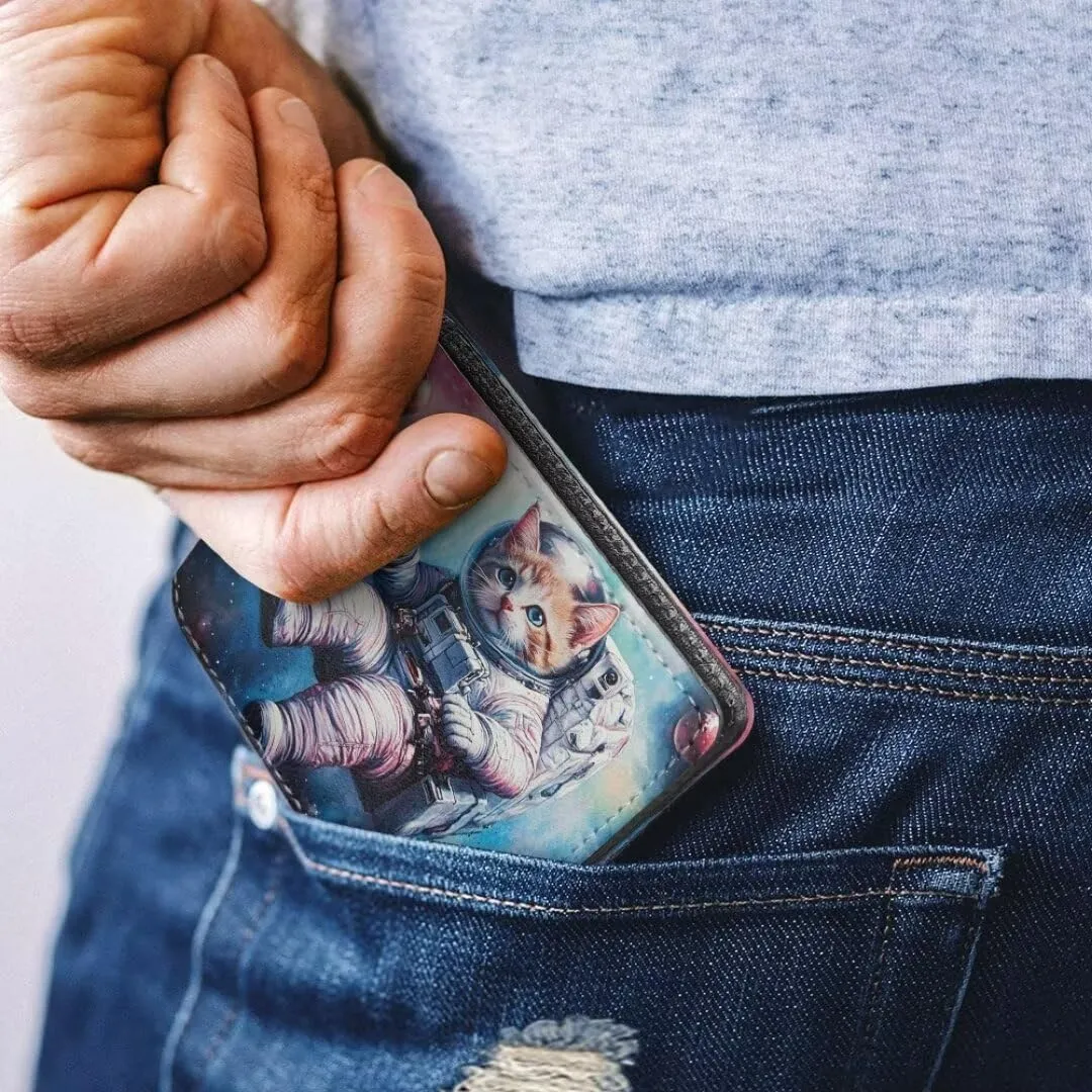 Coldinair Astronaut Cat Boys Wallets for Kids 9-12 Outer Space Cool Wallet for Teen Boys Leather Bifold Wallet Credit Card Cash Id Holder Purse Coin Pocket Id Window for Men Boy Male Youth Guys