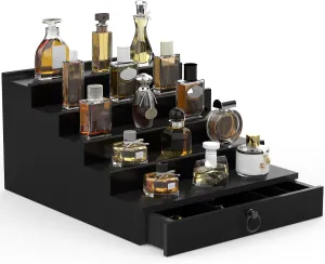 Cologne Organizer for Men, 5 Tier Black Cologne Shelf, Perfume Stand with Drawer and Hidden Compartment Perfume Display Holder - A Gift for Men