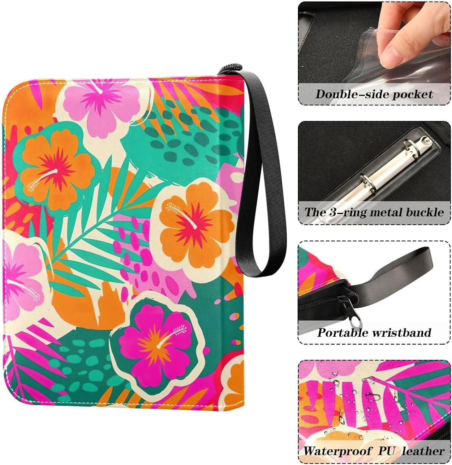 Colorful Hibiscus Flower Tropical Leaf Binder Cards 4-Pocket Photocard Binder Fits 400 Cards for Baseball Card, Football Card