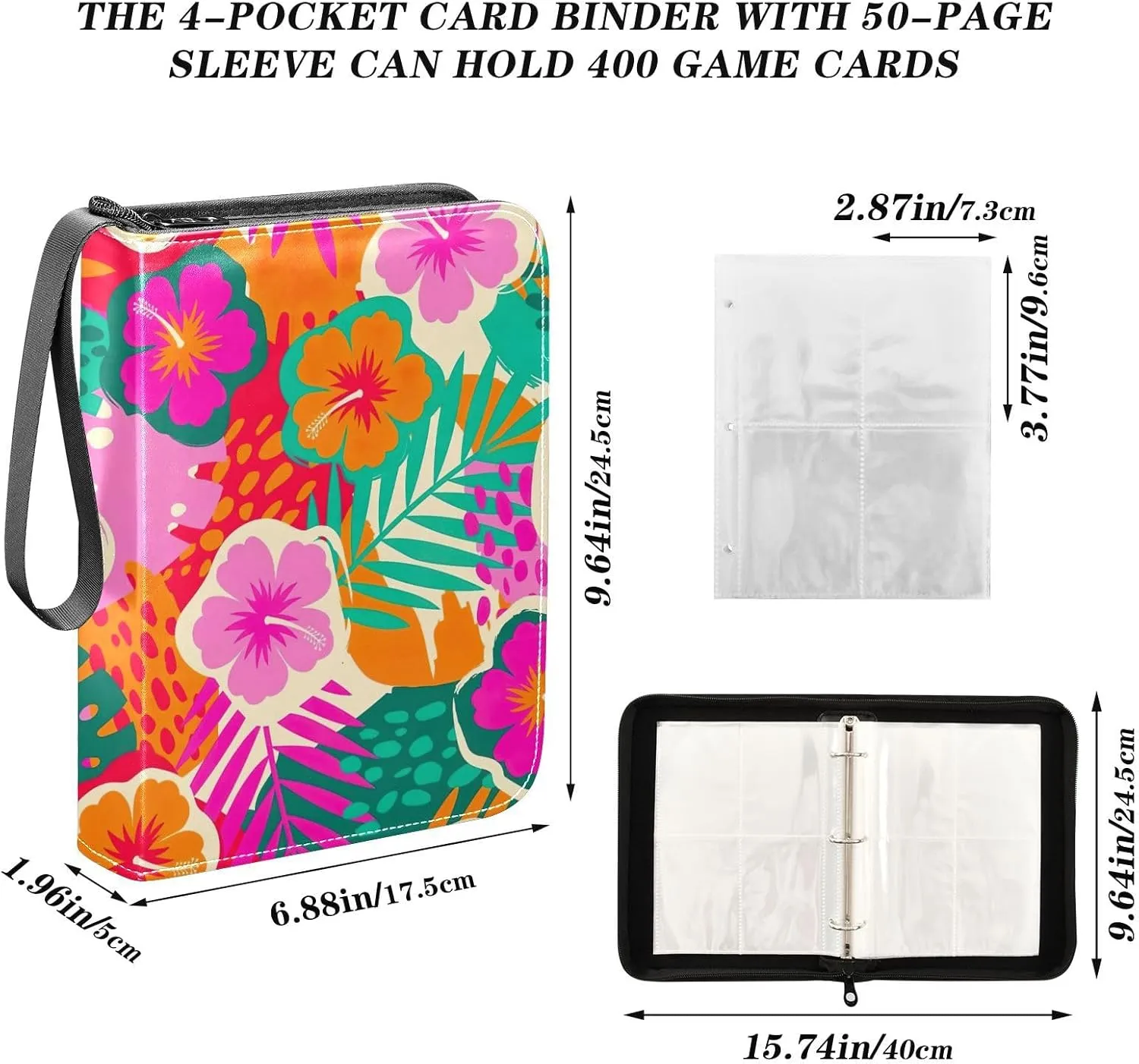 Colorful Hibiscus Flower Tropical Leaf Binder Cards 4-Pocket Photocard Binder Fits 400 Cards for Baseball Card, Football Card
