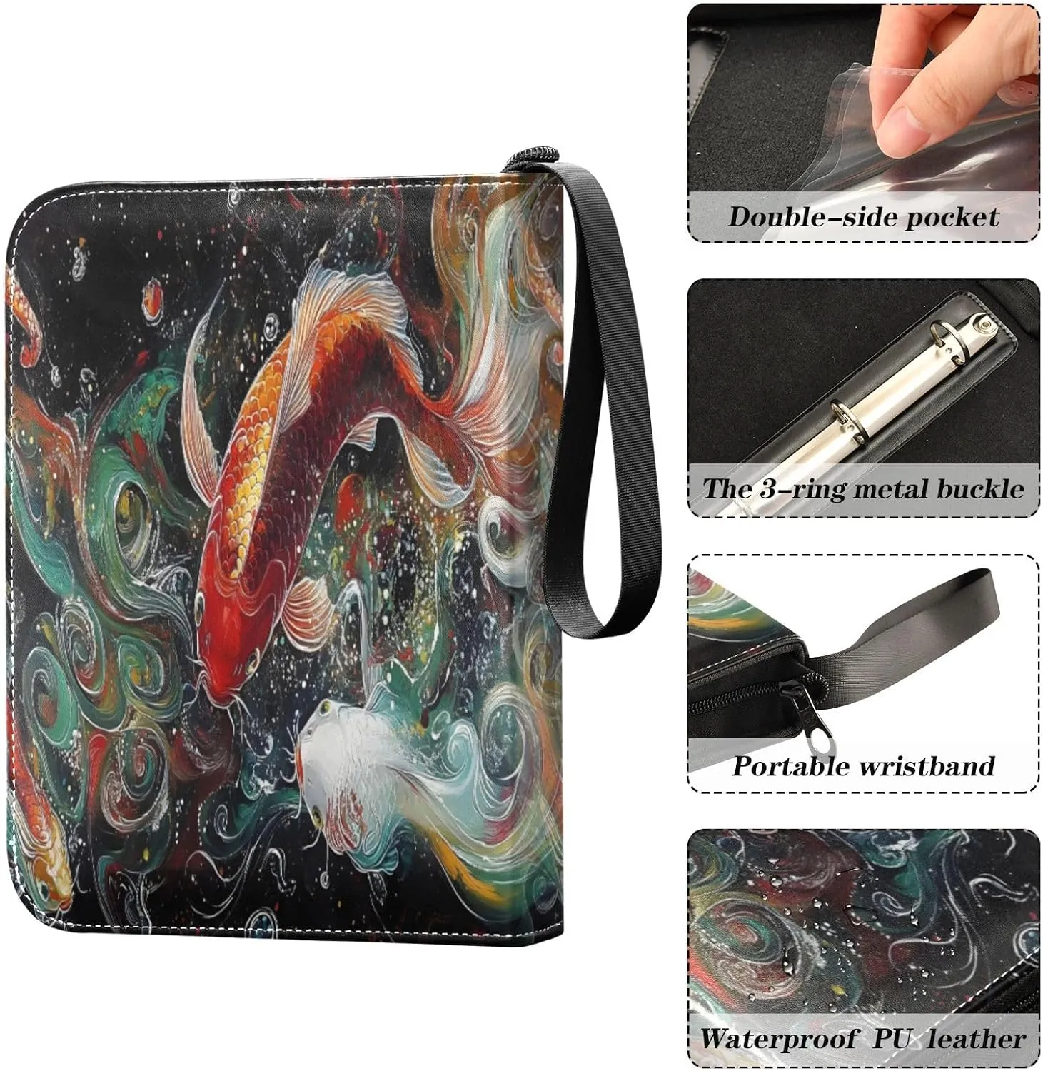 Colorful Koi Fish Card Holder Binder, Side Loading Card Binder with Sleeves for Baseball Card, Football Card