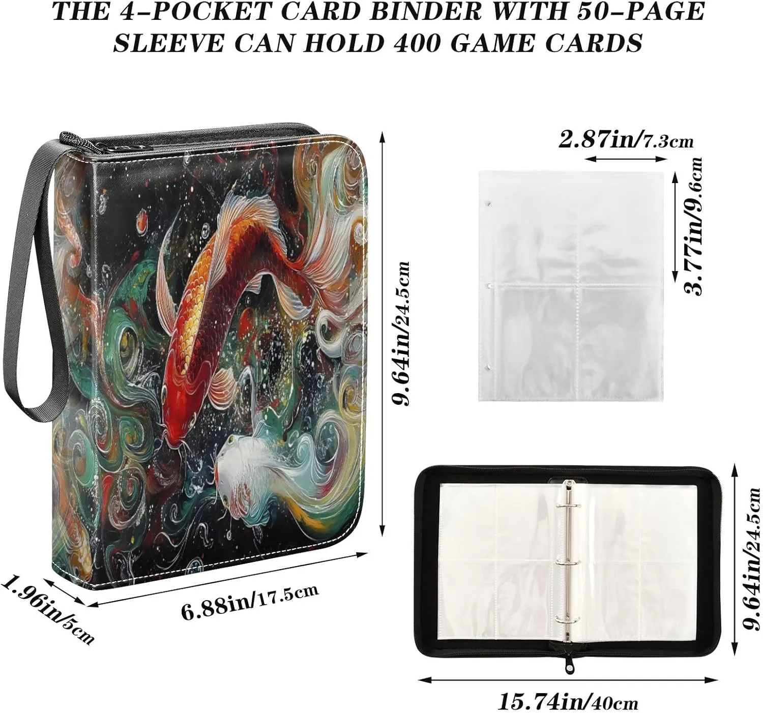 Colorful Koi Fish Card Holder Binder, Side Loading Card Binder with Sleeves for Baseball Card, Football Card