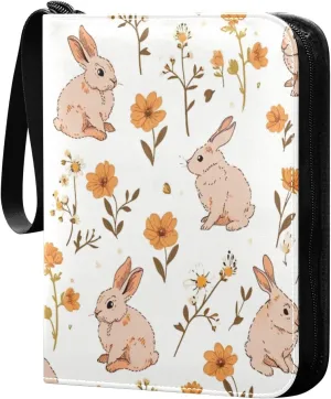 Colorful Rabbit and Flowers Card Binder 4-Pocket, 400 Pockets Card Holder with 50 Removable Sleeves and Zipper for Games Baseball Football Sports Card