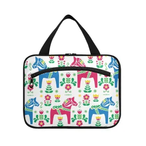 Colorful Swedish Folk Art Horse Flowers Seamless Pattern on White 1 PC Hanging Travel Wash bag with Handles, Portable Makeup Organizer Brush Storage Case Portable Travel Cosmetic with Hook L