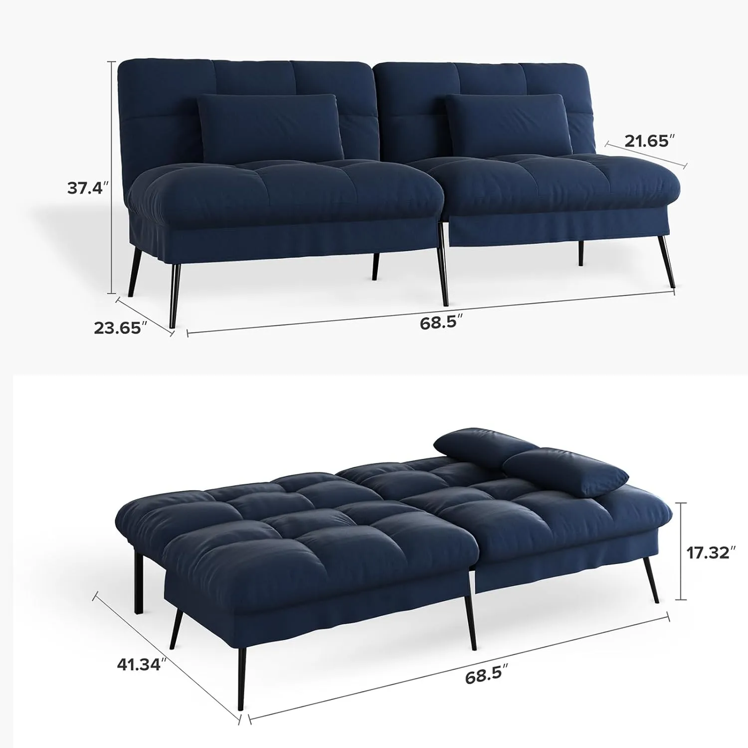 COMHOMA Convertible Futon Sofa Bed, 68″Fabric Futon Couch with Adjustable Backrest, Folding Sleeper Recliner for Living Room Furniture (Drak Blue)