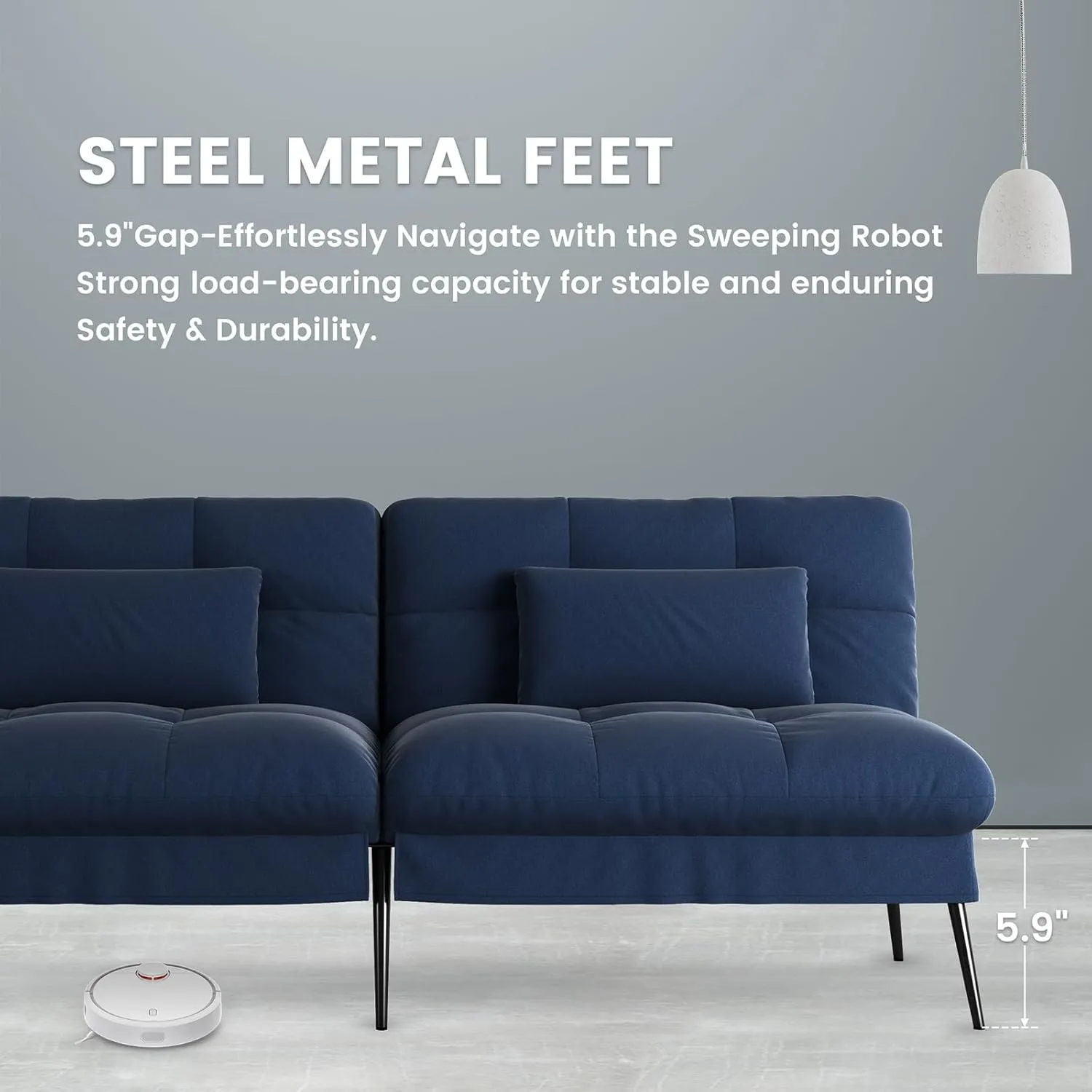 COMHOMA Convertible Futon Sofa Bed, 68″Fabric Futon Couch with Adjustable Backrest, Folding Sleeper Recliner for Living Room Furniture (Drak Blue)