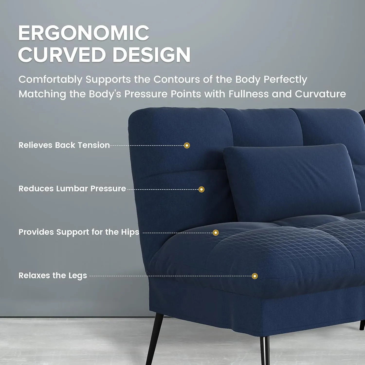 COMHOMA Convertible Futon Sofa Bed, 68″Fabric Futon Couch with Adjustable Backrest, Folding Sleeper Recliner for Living Room Furniture (Drak Blue)