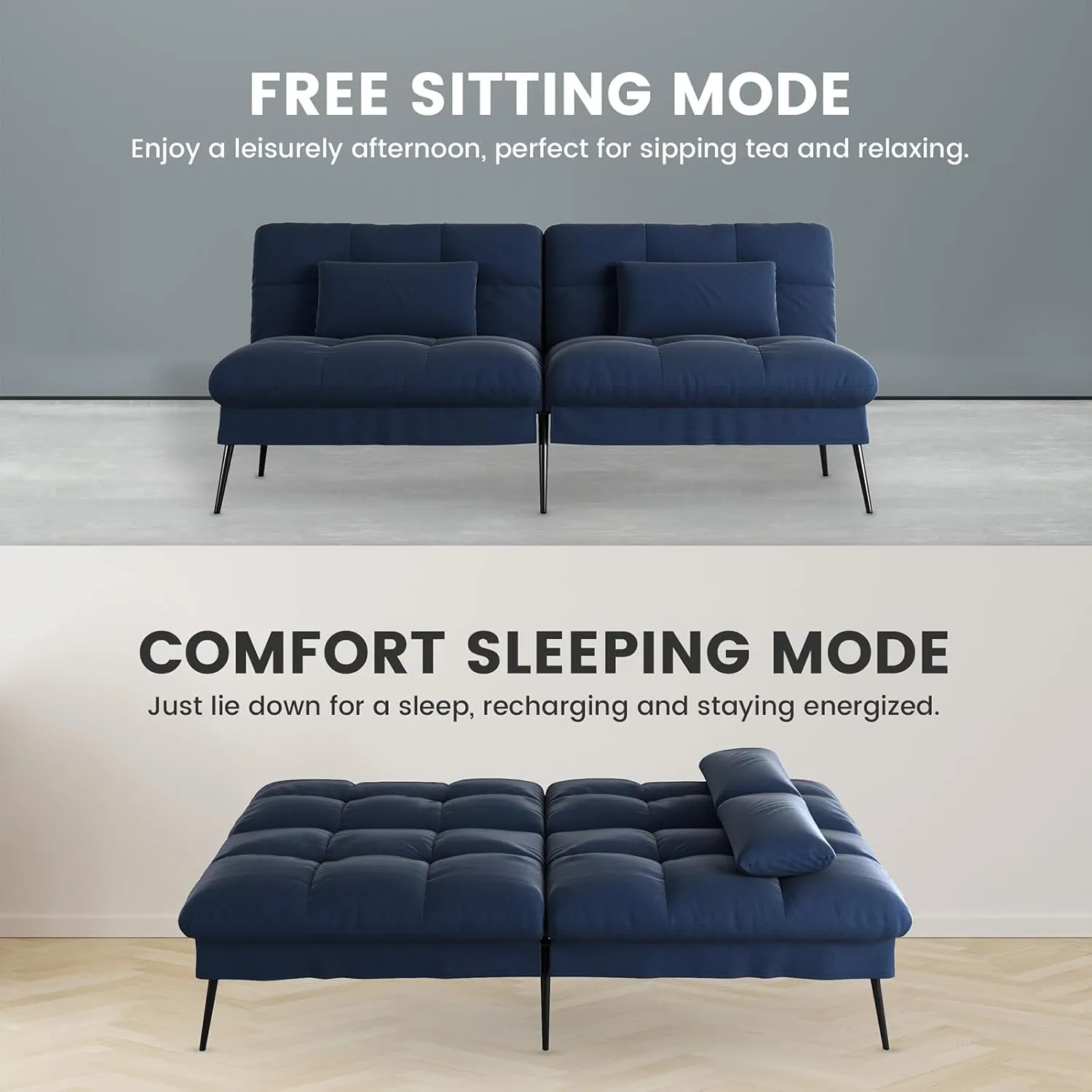 COMHOMA Convertible Futon Sofa Bed, 68″Fabric Futon Couch with Adjustable Backrest, Folding Sleeper Recliner for Living Room Furniture (Drak Blue)