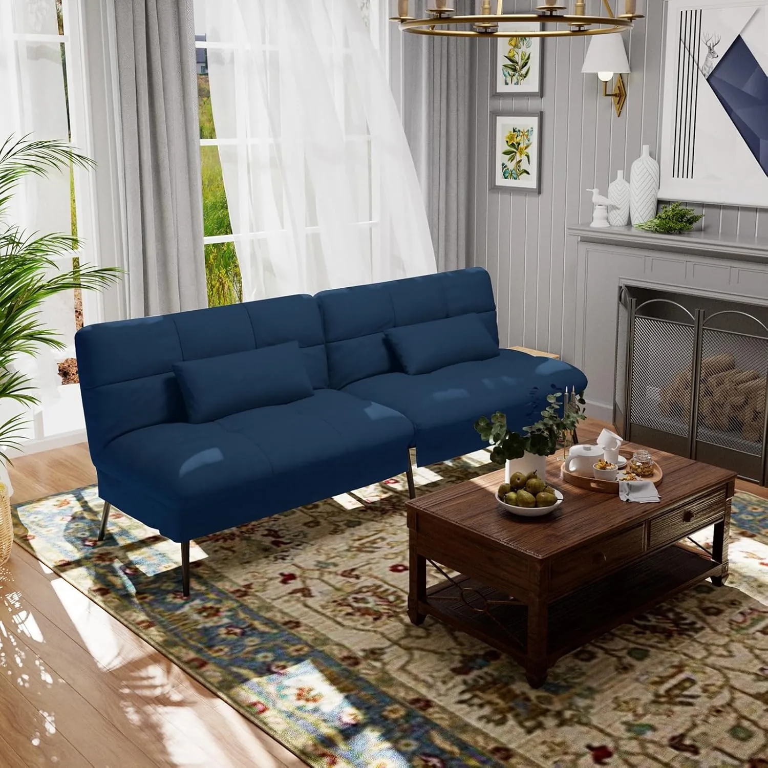 COMHOMA Convertible Futon Sofa Bed, 68″Fabric Futon Couch with Adjustable Backrest, Folding Sleeper Recliner for Living Room Furniture (Drak Blue)